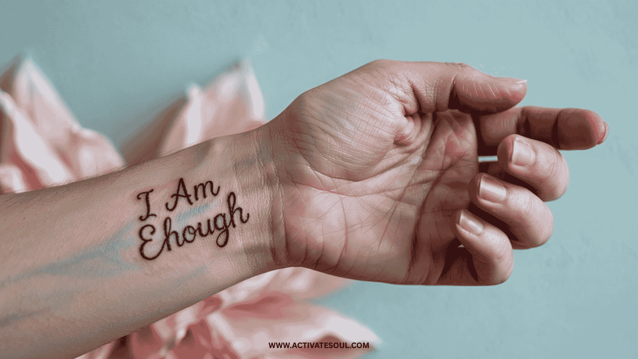 Delicate 'I Am Enough' tattoo on inner wrist, soft pastel background, close-up of hand resting calmly