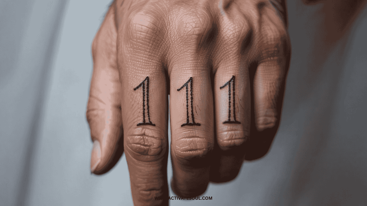 Close-up of a realistic angel number '111' tattoo on a finger, minimalist style, clean background, natural light