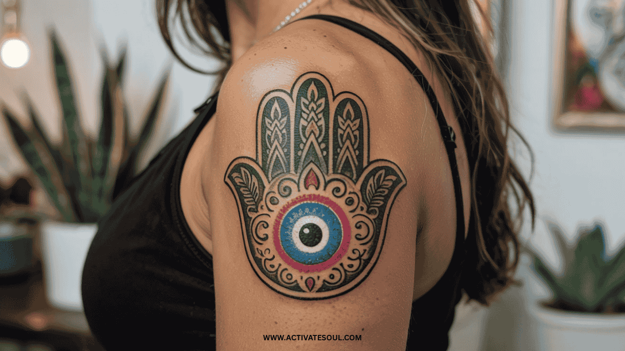 Hamsa Hand and Evil Eye tattoo on upper arm, detailed and vibrant design, warm-toned skin, spiritual vibes