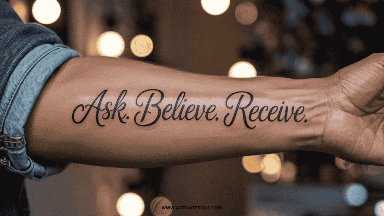 Realistic tattoo of the phrase 'Ask. Believe. Receive.' on a forearm, elegant script, soft lighting, natural skin tones